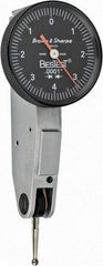 TESA Brown & Sharpe - 0.008 Inch Range, 0.0001 Inch Dial Graduation, Horizontal Dial Test Indicator - 1 Inch Black Dial, 0-4-0 Dial Reading - Exact Tool & Supply