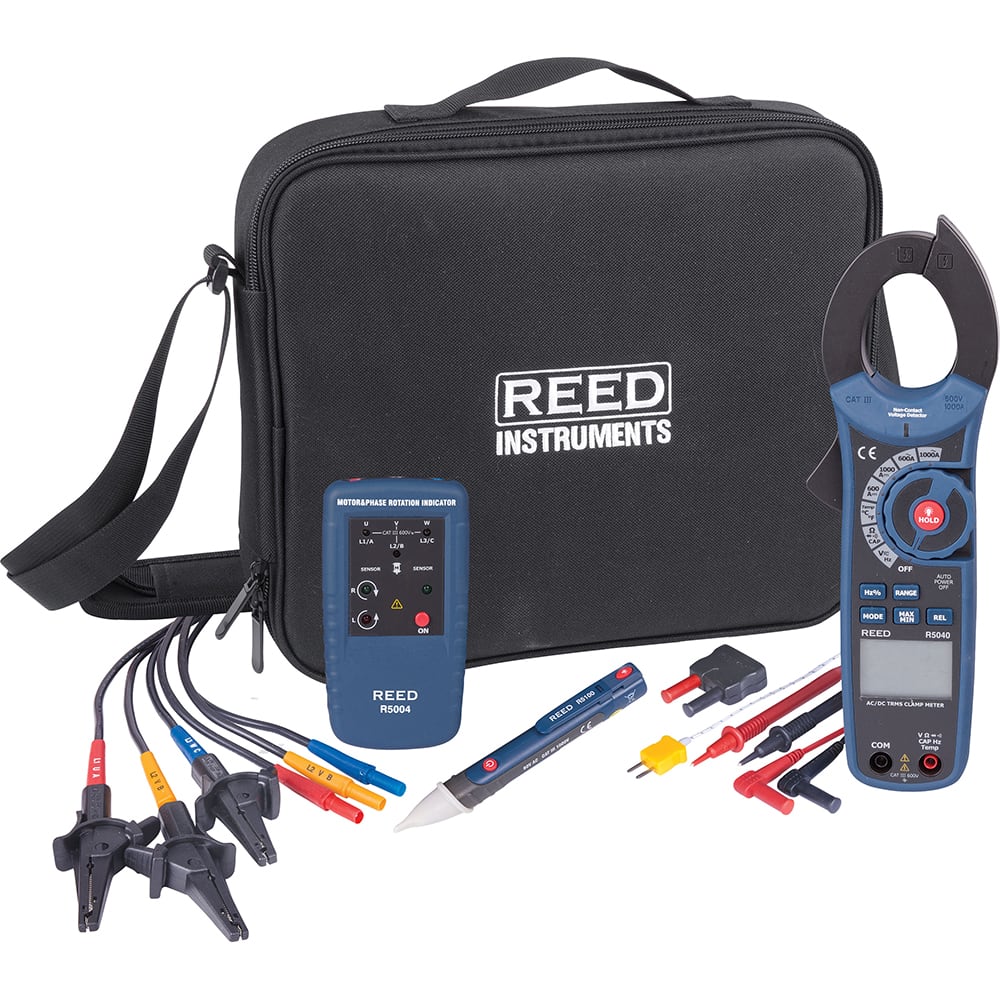 REED Instruments - Electrical Test Equipment Combination Kits; Kit Type: Clamp Meter Test Kit ; Maximum Voltage: 1000 VDC ; Number of Pieces: 7 ; Maximum AC Amperage: 1000 ; Maximum DC Amperage: 1000 ; Resistance (Ohms): 500 - Exact Tool & Supply