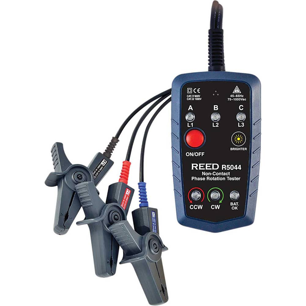 REED Instruments - Phase Rotation Testers; Number of Phases: 3 ; Maximum Voltage: 1000V AC ; Minimum Voltage: 75 VAC ; Maximum Frequency (Hz): 65 ; Minimum Frequency (Hz): 45 ; Display Type: LED - Exact Tool & Supply