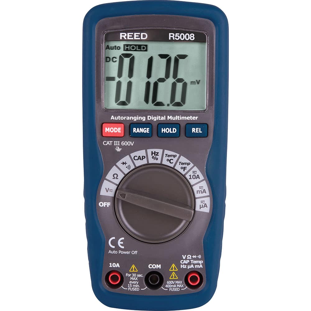 REED Instruments - Multimeters; Multimeter Type: Auto Ranging; Compact; Digital; Manual Ranging; True RMS ; Measures: Capacitance; Current; Diode Test; Frequency; microAmps; Milliamps; Resistance; Temperature; Voltage ; CAT Rating: CAT III ; Maximum AC V - Exact Tool & Supply