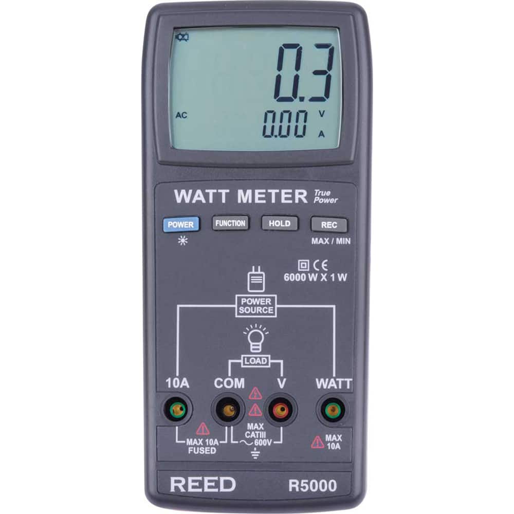 REED Instruments - Power Meters; Number of Phases: 1 ; Maximum Current Capability (A): 10 ; Minimum Current Capability (A): 0 ; Current Accuracy ? (%): ?0.3% + 0.03A ; Current Channels: 1 ; Maximum Voltage: 600 V - Exact Tool & Supply