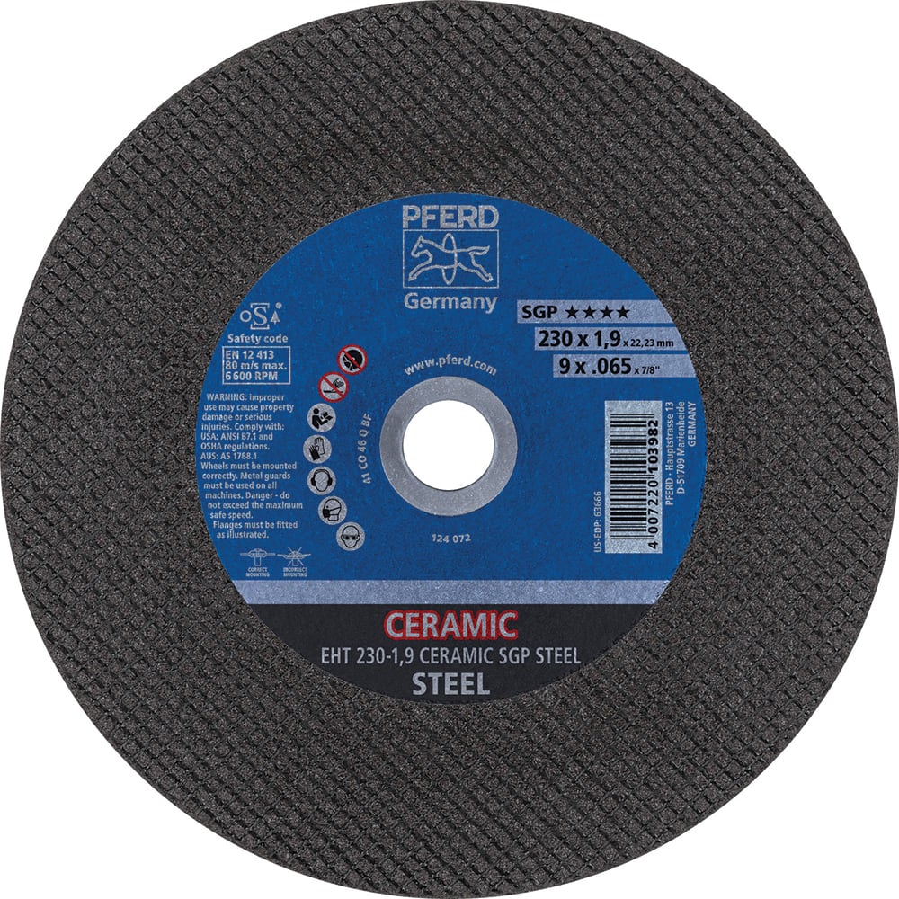 PFERD - Cutoff Wheels; Tool Compatibility: Angle Grinder ; Wheel Diameter (Inch): 9 ; Wheel Thickness (Inch): 0.0650 ; Abrasive Material: Ceramic Oxide ; Maximum RPM: 6600.000 ; Grit: 46 - Exact Tool & Supply