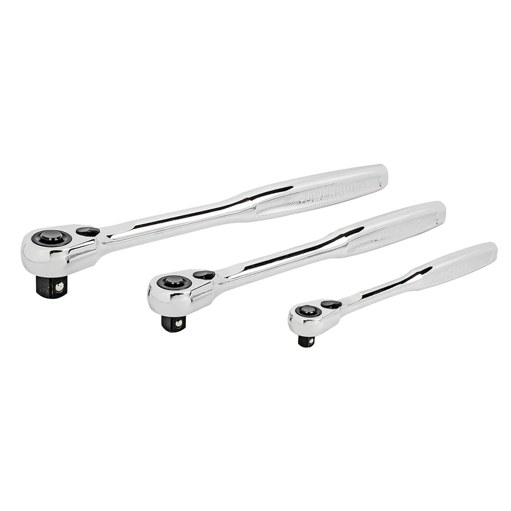 Powerbuilt - Ratchets; Tool Type: Ratchet Set ; Drive Size (Inch): 1/4, 3/8, 1/2 ; Head Shape: Pear ; Head Features: Compact ; Finish/Coating: Chrome Vanadium; Chrome Plated ; Number of Gear Teeth: 72 - Exact Tool & Supply