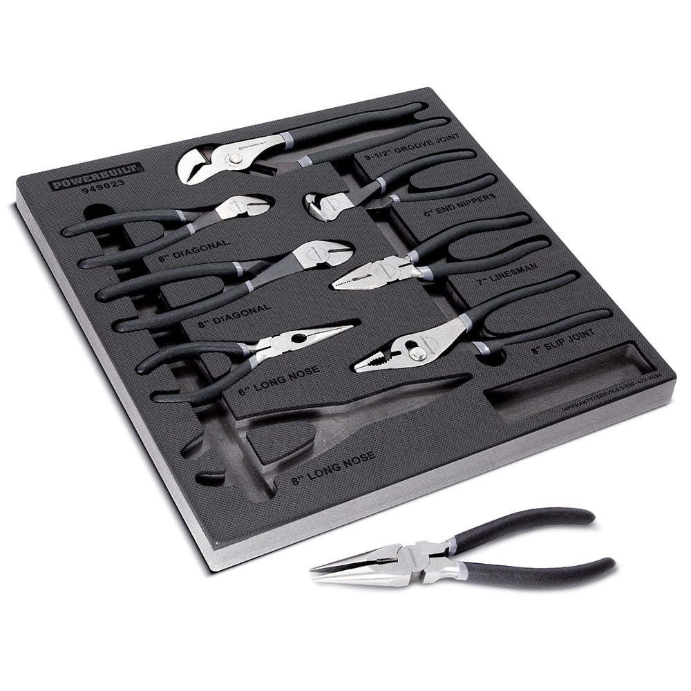 Powerbuilt - Plier Sets; Set Type: Plier Set ; Number of Pieces: 8.000 ; Container Type: Foam Inserts ; Contents: 6" End Nipper Pliers, 7" Linesman Pliers, 8" Slip Joint Pliers, 9-1/2" Groove Joint Pliers, 6" and 8" Diagonal Pliers, 6" and 8" Long Nose P - Exact Tool & Supply