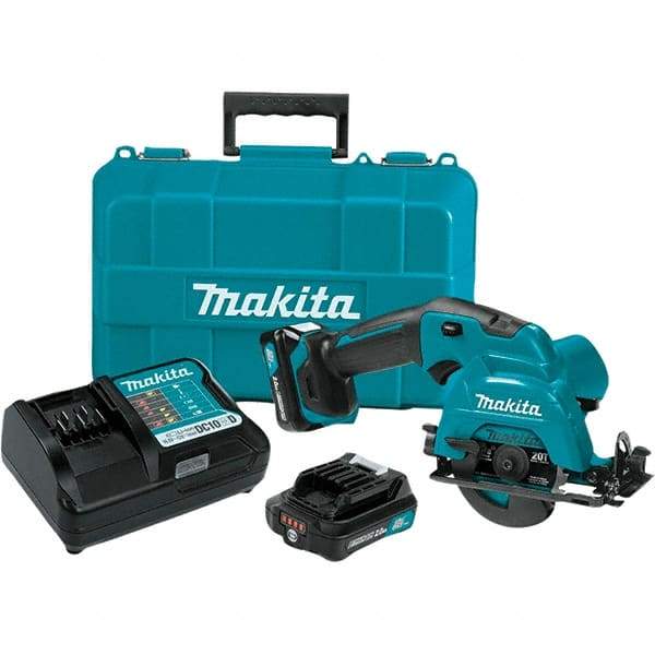 Makita - 12 Volt, 3-3/8" Blade, Cordless Circular Saw - 1,500 RPM, 2 Lithium-Ion Batteries Included - Exact Tool & Supply