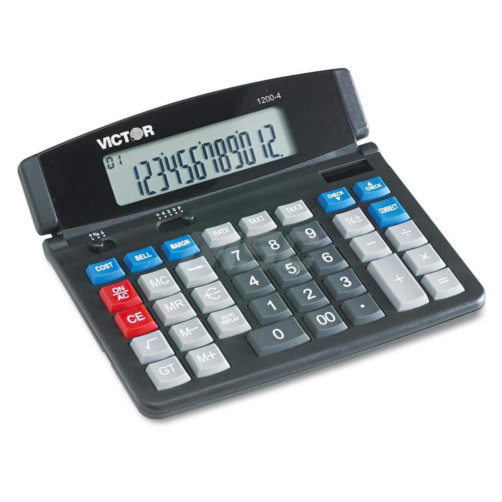 Victor - Calculators; Type: Desktop Calculator ; Type of Power: Battery; Solar ; Display Type: 12-Digit LCD ; Color: Black ; Display Size: 21mm ; Width (Decimal Inch): 7.3000 - Exact Tool & Supply