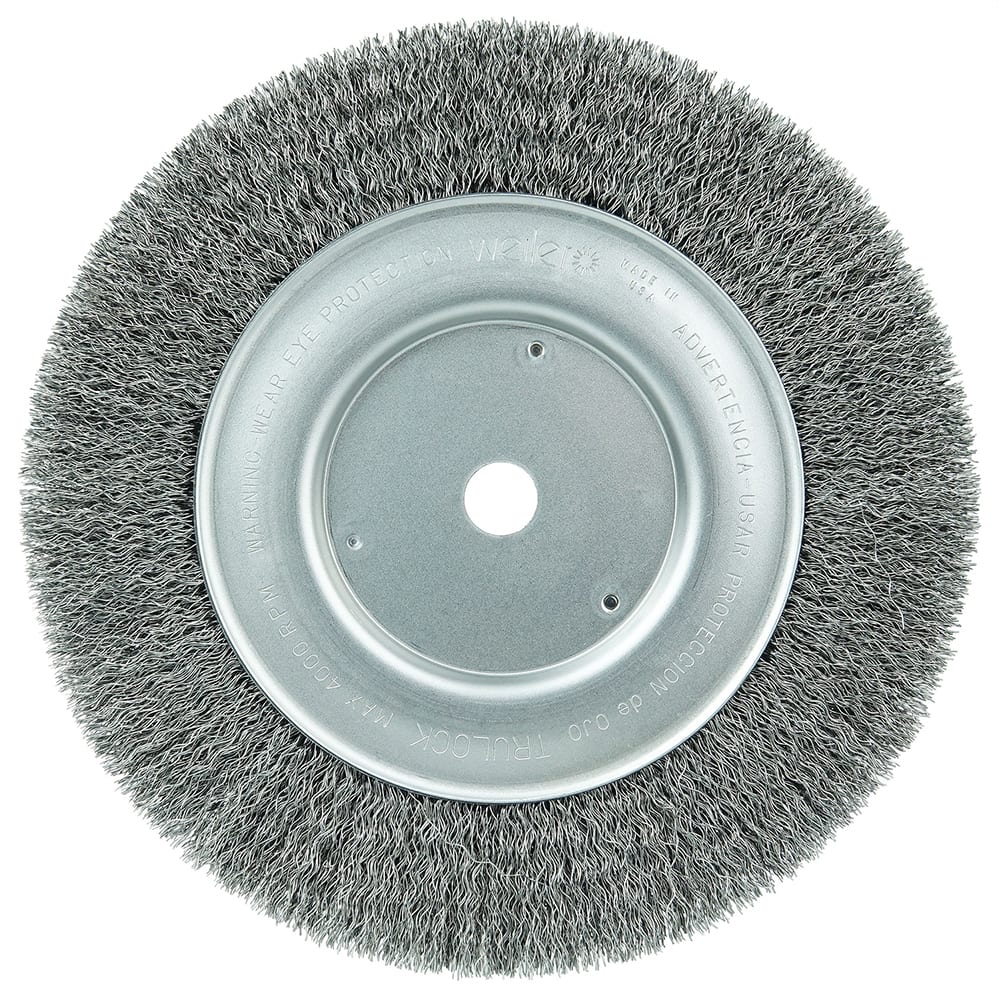 Weiler - Wheel Brushes; Outside Diameter (Inch): 8 ; Arbor Hole Thread Size: 5/8 ; Wire Type: Crimped Wire ; Fill Material: Steel ; Face Width (Inch): 5/8 ; Trim Length (Inch): 1-1/2 - Exact Tool & Supply