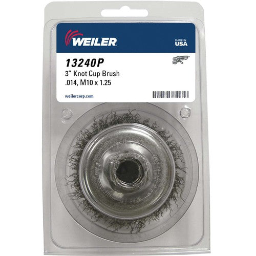 3″ Crimped Wire Cup Brush, .014″ Steel Fill, M10x1.25 Nut, Retail Pack - Exact Tool & Supply