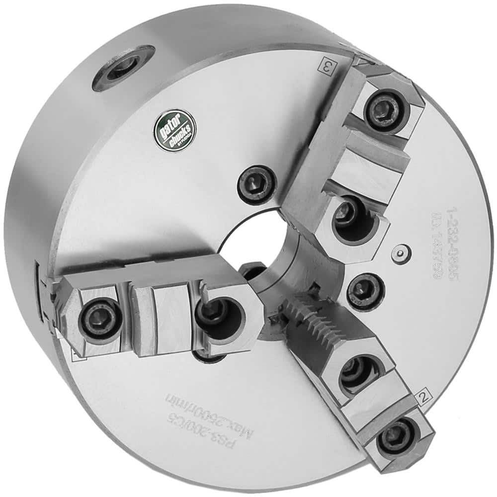 Self-Centering Manual Lathe Chuck: 3-Jaw, 8″ Dia Two-Piece Jaws, Direct Mount, 2,500 Max RPM