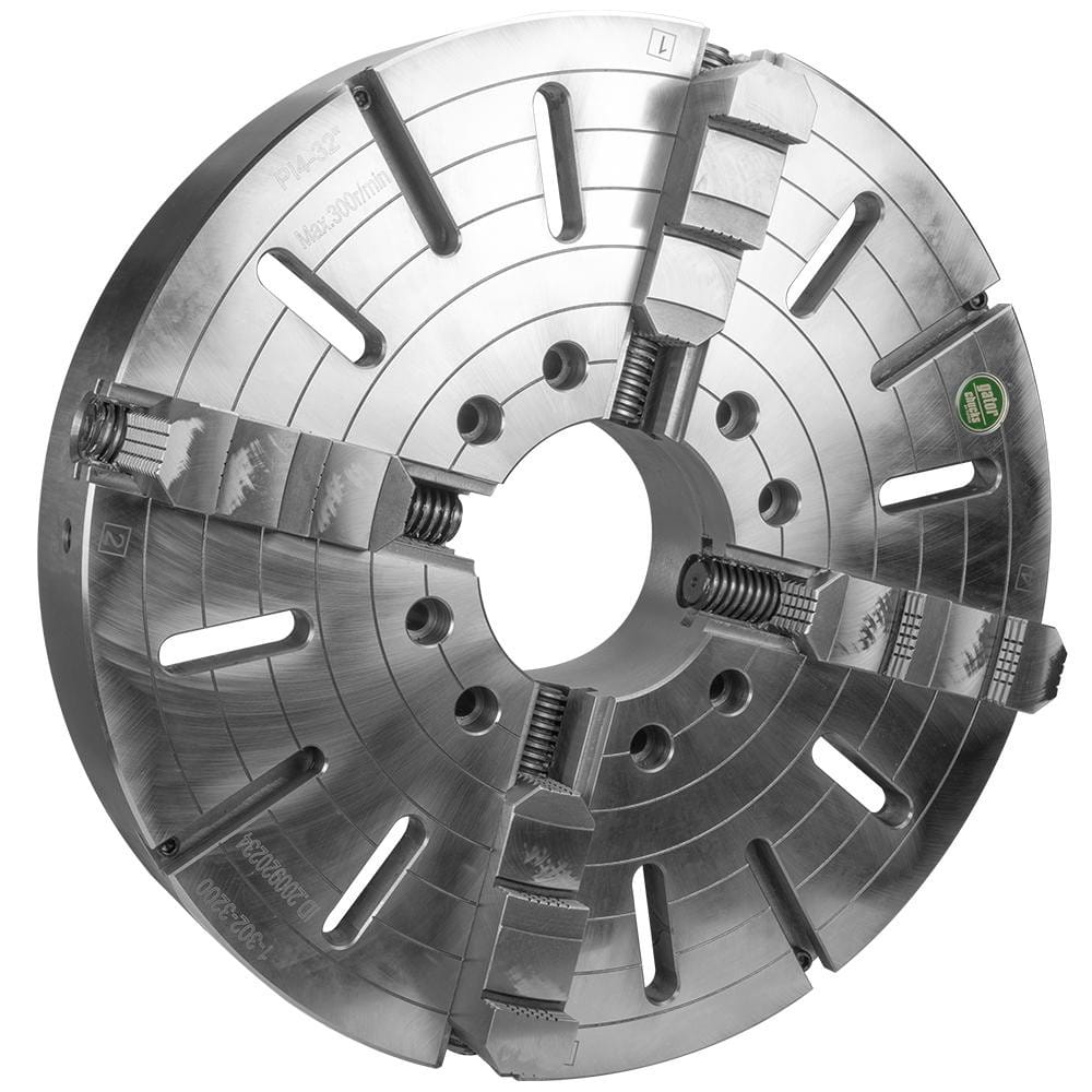 Independent Manual Lathe Chuck: 4-Jaw, 32″ Dia Hard & Solid Jaws, Plain Back Mount, 300 Max RPM