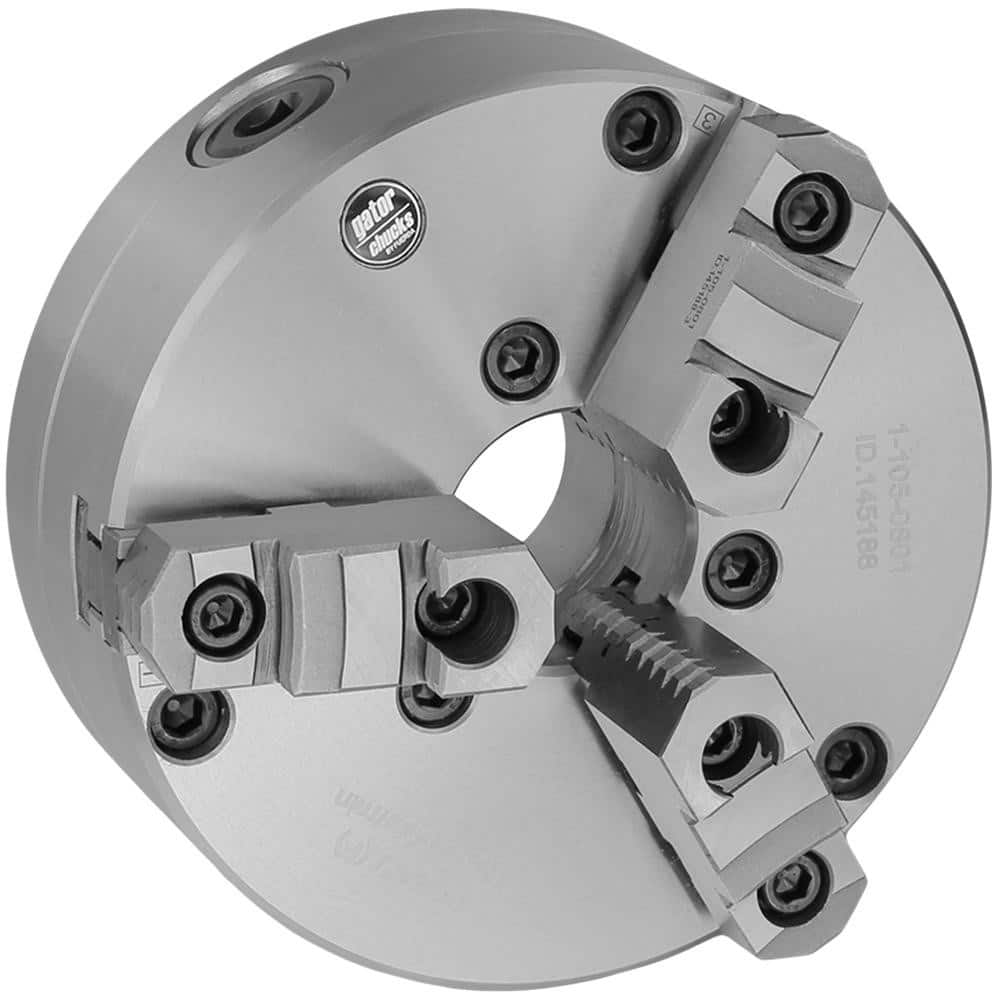 Self-Centering Manual Lathe Chuck: 3-Jaw, 8″ Dia Two-Piece Jaws, Front Mount, 4,000 Max RPM