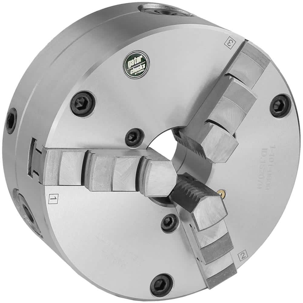 Self-Centering Manual Lathe Chuck: 3-Jaw, 8″ Dia Two-Piece Jaws, Plain Back Mount, 2,500 Max RPM