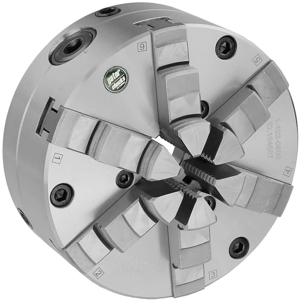 Self-Centering Manual Lathe Chuck: 6-Jaw, 6″ Dia Hard & Solid Jaws, Front Mount, Adjustable, 2,500 Max RPM