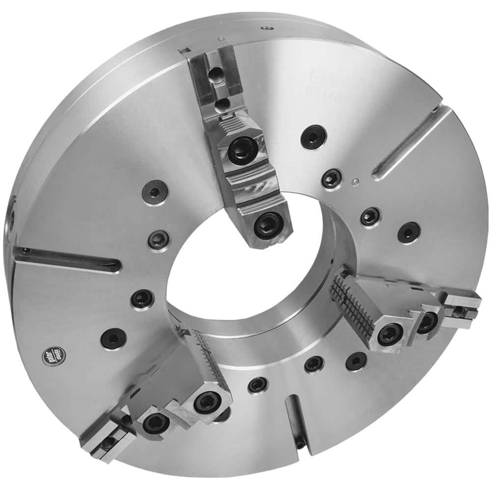 Self-Centering Manual Lathe Chuck: 3-Jaw, 20″ Dia Two-Piece Jaws, Plain Back Mount, 1,200 Max RPM