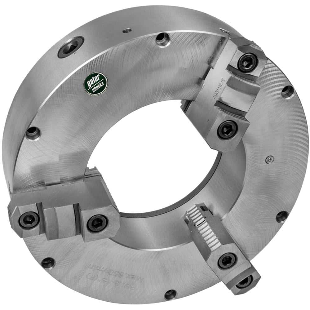 Self-Centering Manual Lathe Chuck: 3-Jaw, 20″ Dia Two-Piece Jaws, Front Mount, 350 Max RPM