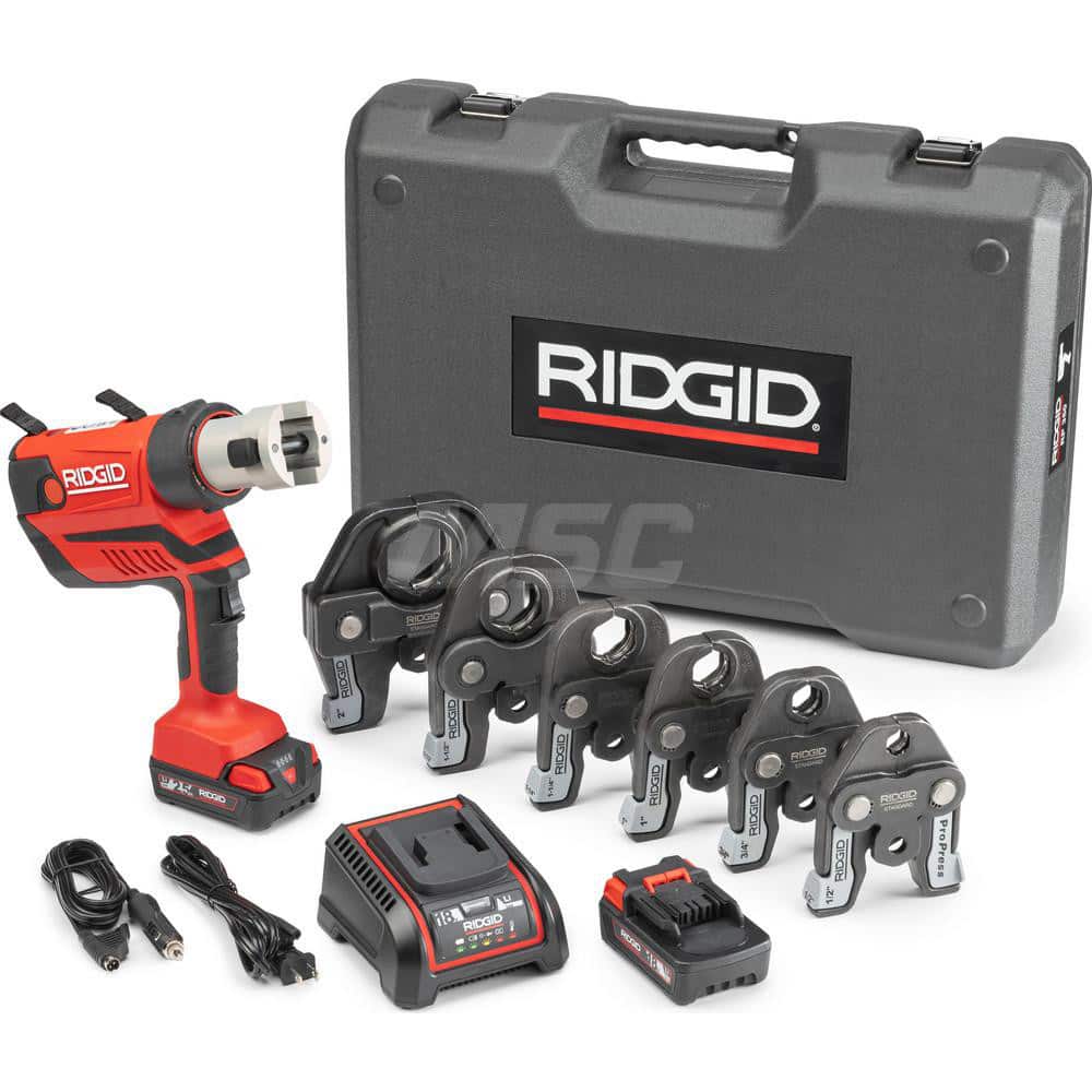Ridgid - Benders, Crimpers & Pressers; Type: Presser ; Maximum Pipe Capacity (Inch): 4 ; Minimum Pipe Capacity: 1/2 (Inch); Overall Length (Inch): 11 ; Includes: RP 350 Press Tool; (2) 18V 2.5Ah Lion Batteries; 18V Charger; Carrying Case; 1/2" to 2" ProP - Exact Tool & Supply