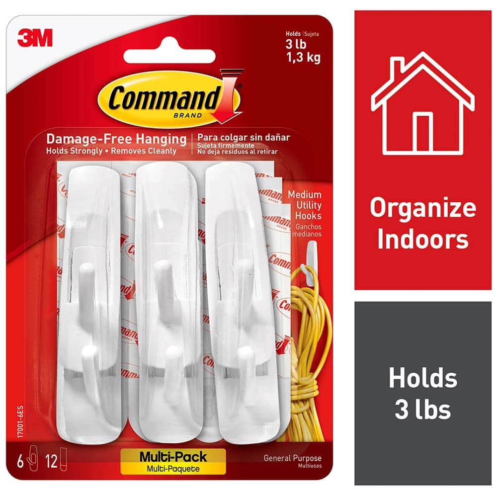 3M - All-Purpose & Utility Hooks; Type: Hooks Kit ; Overall Length (Inch): 3; 3 ; Material: Plastic ; Projection: 1.10 ; Color: White ; Overall Length: 3 - Exact Tool & Supply