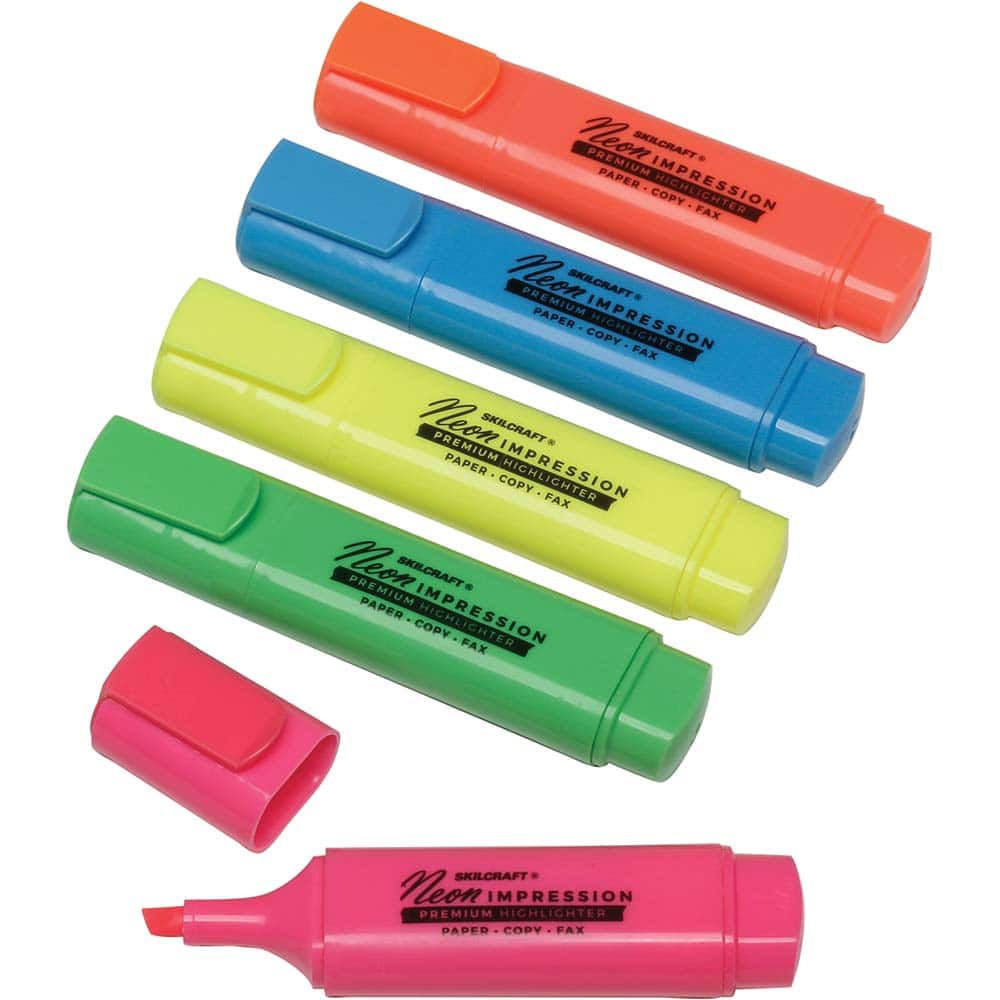 Ability One - Markers & Paintsticks; Type: Highlighter ; Color: Assorted ; Tip Type: Chisel ; Description: 5 Color Set Neon Flat - Exact Tool & Supply