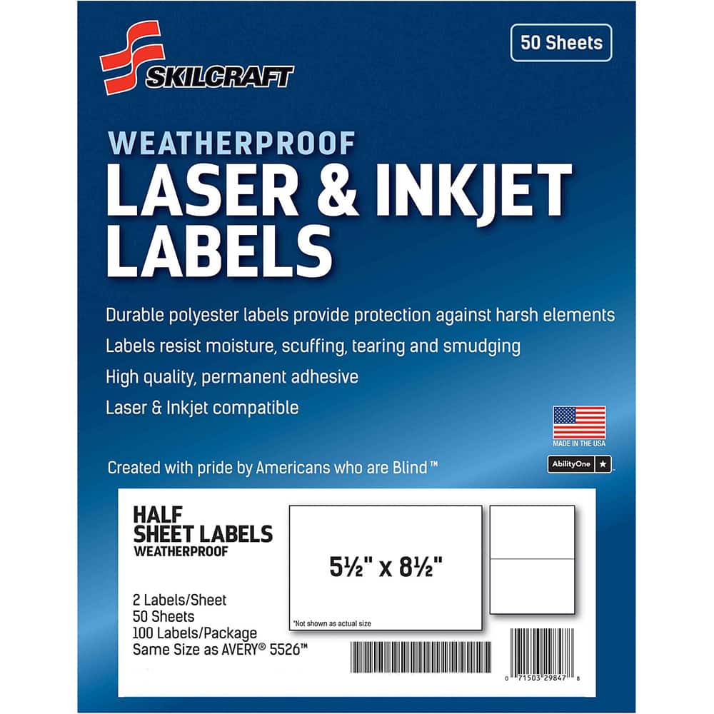 Ability One - Labels, Ribbons & Tapes; Type: Mailing Labels ; Color: White ; For Use With: Laser & Inkjet Printers ; Width (Inch): 5-1/2 ; Length (Inch): 8-1/2 ; Number of Labels: 100 - Exact Tool & Supply