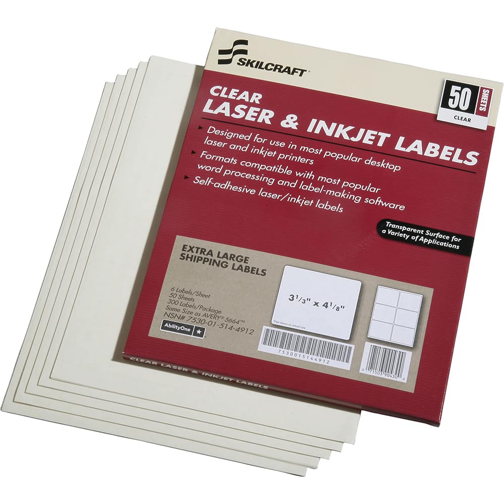 Ability One - Labels, Ribbons & Tapes; Type: Address Labels ; Color: White ; For Use With: Laser & Inkjet Printers ; Width (Inch): 4-1/8 ; Length (Inch): 3.33 ; Number of Labels: 50 - Exact Tool & Supply