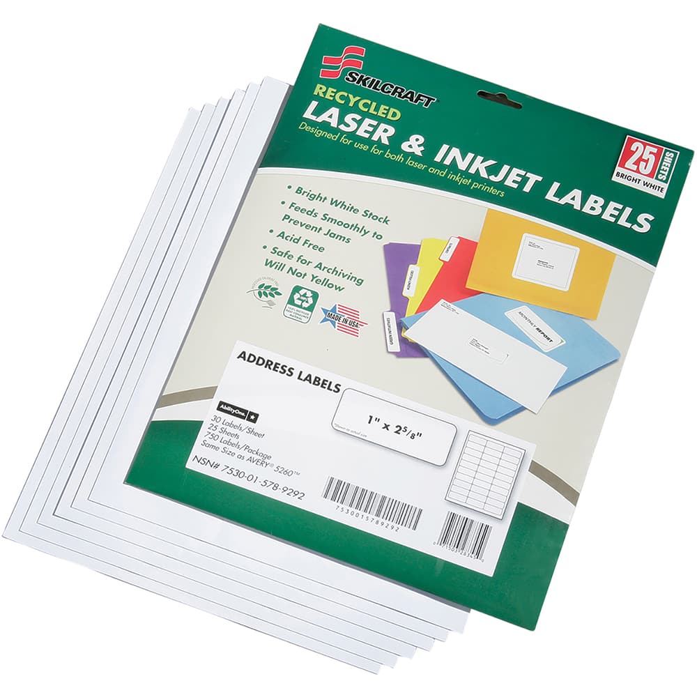 Ability One - Labels, Ribbons & Tapes; Type: Address Labels ; Color: White ; For Use With: Laser & Inkjet Printers ; Width (Inch): 1 ; Length (Inch): 2-5/8 ; Number of Labels: 750 - Exact Tool & Supply
