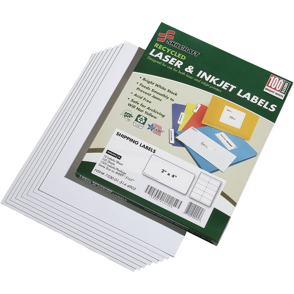 Ability One - Labels, Ribbons & Tapes; Type: Shipping Label ; Color: White ; For Use With: Laser & Inkjet Printers ; Width (Inch): 2 ; Length (Inch): 4 ; Number of Labels: 1000 - Exact Tool & Supply