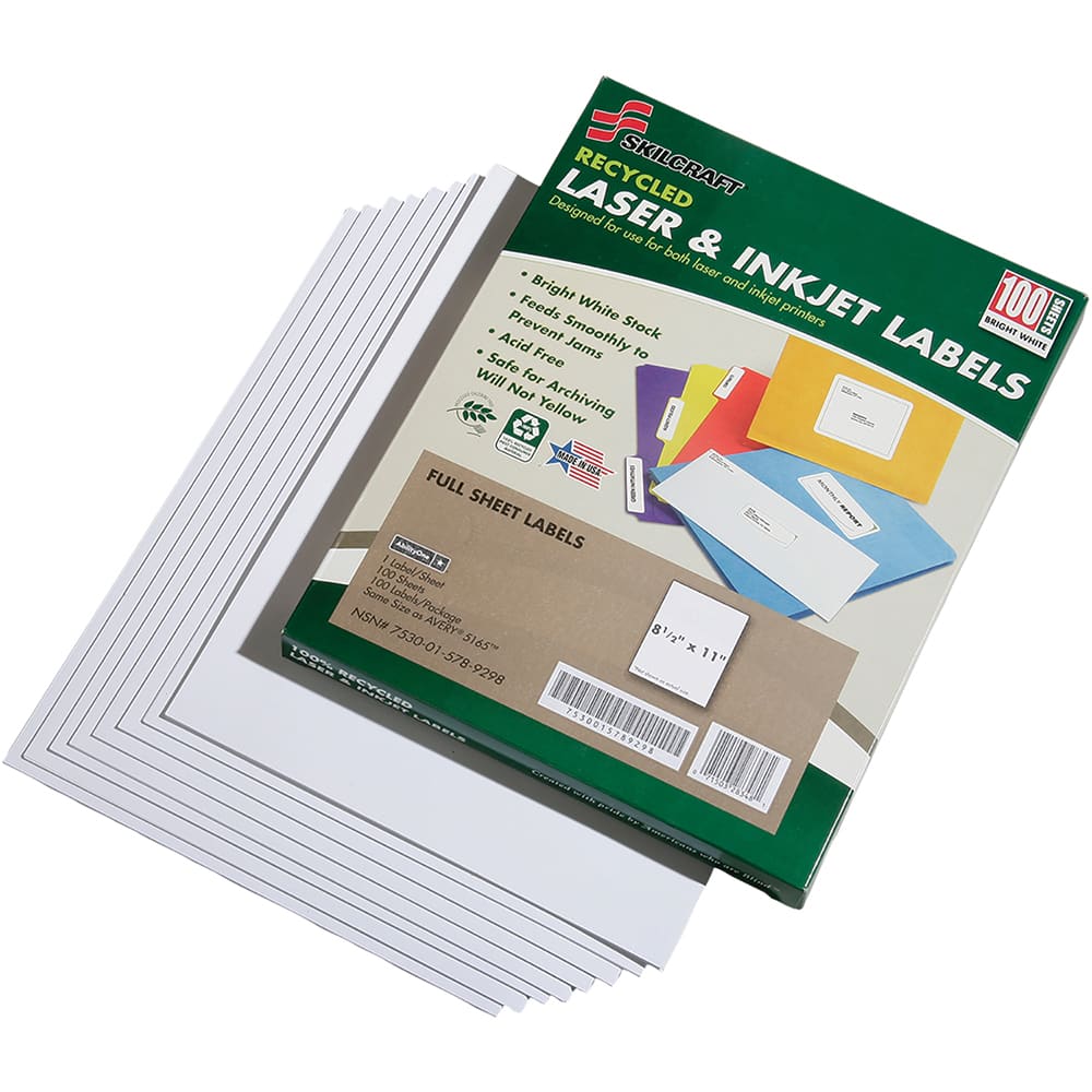 Ability One - Labels, Ribbons & Tapes; Type: Labels ; Color: White ; For Use With: Laser & Inkjet Printers ; Width (Inch): 8-1/2 ; Length (Inch): 11 ; Number of Labels: 100 - Exact Tool & Supply