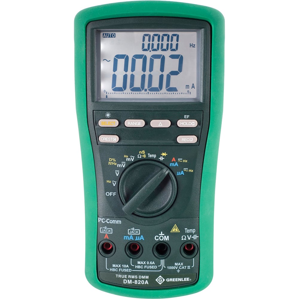 Greenlee - Multimeters; Multimeter Type: Digital ; Measures: Current; Resistance; Voltage; Capacitance; Frequency; Temperature; Continuity; Diode Test; Conductance ; CAT Rating: CAT IV ; Maximum AC Voltage: 1000 ; Maximum DC Voltage: 1000 ; Maximum AC Cu - Exact Tool & Supply