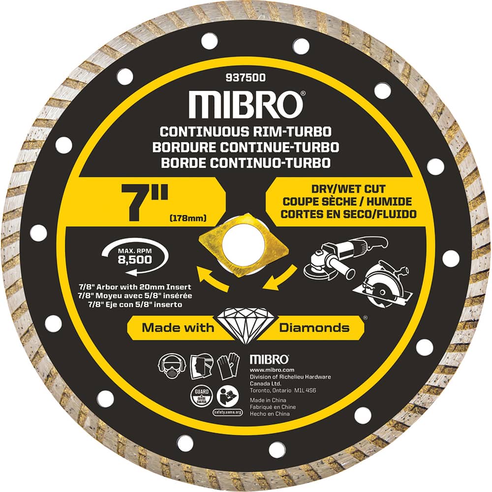 Mibro - Wet & Dry-Cut Saw Blades; Blade Diameter (Inch): 7 ; Blade Material: Diamond Matrix ; Arbor Style: Round w/ Diamond Knockout ; Arbor Hole Diameter (mm): 20.00 ; Application: Tile ; Number of Teeth: Continuous Edge - Exact Tool & Supply