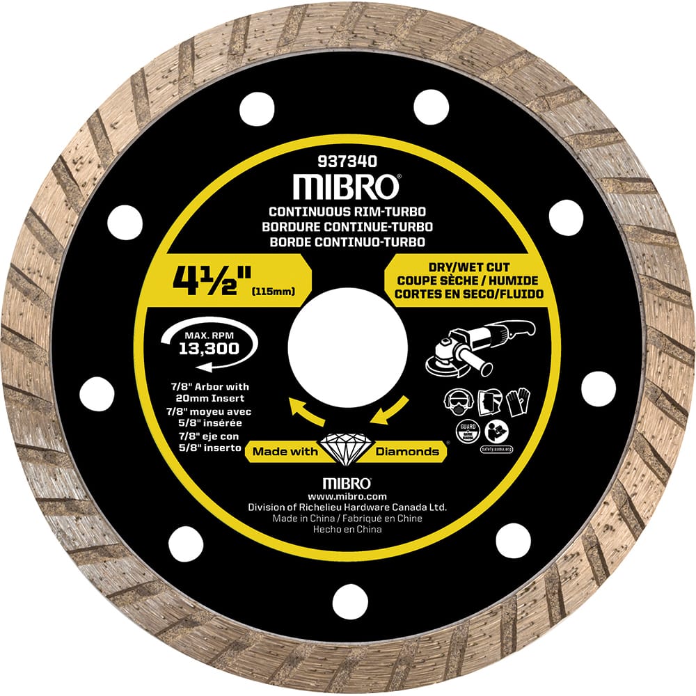 Mibro - Wet & Dry-Cut Saw Blades; Blade Diameter (Inch): 4-1/2 ; Blade Material: Diamond Matrix ; Arbor Style: Round w/ Diamond Knockout ; Arbor Hole Diameter (mm): 20.00 ; Application: Tile ; Number of Teeth: Continuous Edge - Exact Tool & Supply