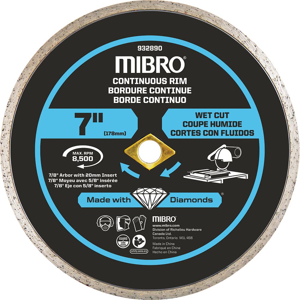 Mibro - Wet & Dry-Cut Saw Blades; Blade Diameter (Inch): 7 ; Blade Material: Diamond Matrix ; Arbor Style: Round w/ Diamond Knockout ; Arbor Hole Diameter (mm): 20.00 ; Application: Tile ; Number of Teeth: Continuous Edge - Exact Tool & Supply