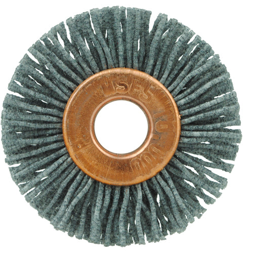 1-1/8″ Small Diameter Nylox Wheel Brush, .022/120SC Crimped Fill, 1/4″ Arbor Hole - Exact Tool & Supply