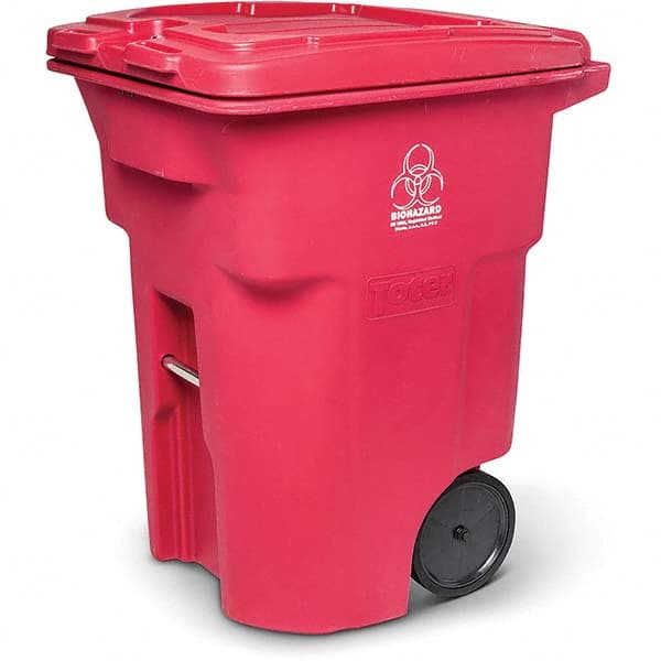 Toter - Biohazardous & Step-Open Trash Cans; Label: Bio-Hazard ; Capacity (Gal.): 96 ; Shape: Rectangular ; Color/Finish: Red ; Material: Polyethylene ; Height (Decimal Inch): 53.2500 - Exact Tool & Supply