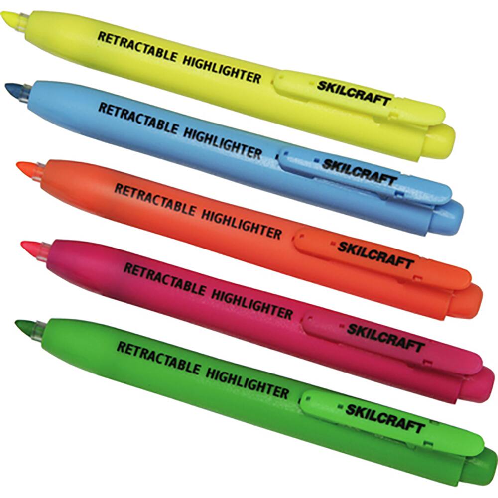 Ability One - Markers & Paintsticks; Type: Highlighter ; Color: Blue, Green, Orange, Pink, Yellow ; Ink Type: Water Base ; Tip Type: Chisel - Exact Tool & Supply