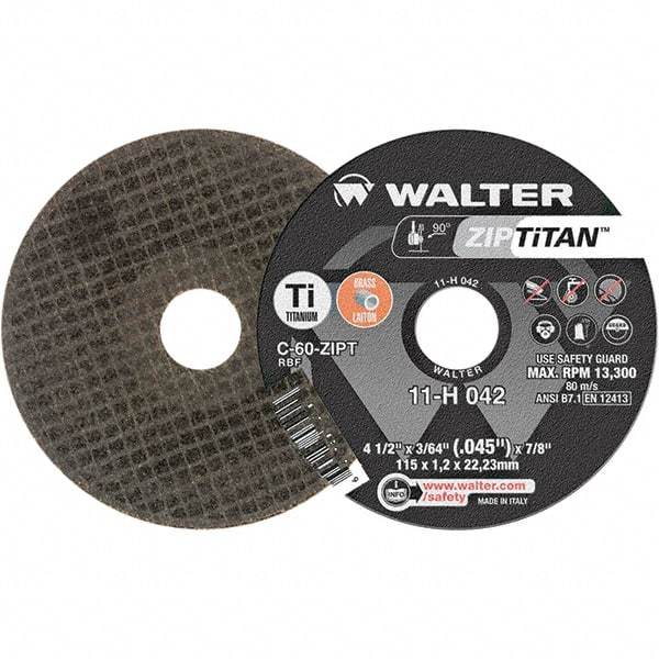 WALTER Surface Technologies - 4-1/2" Aluminum Oxide Cutoff Wheel - 3/64" Thick, 7/8" Arbor, 13,300 Max RPM, Use with Die Grinders - Exact Tool & Supply