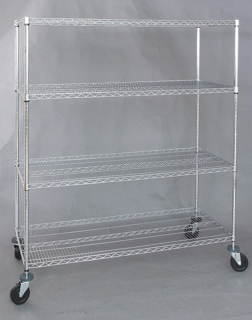 Mobile Wire Shelving Unit, 48"W x 24"D x 69"H, 4 Shelves, Chrome Plated Finish, Silver