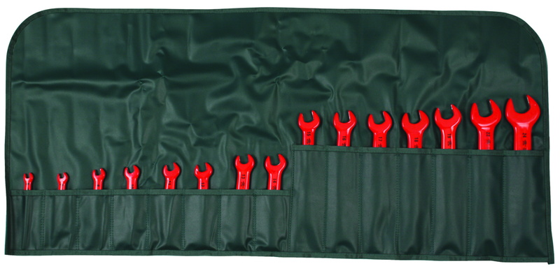 Insulated Open End Metric Wrench 15 Piece Set Includes 6mm-17mm; 19mm; 22mm & 24mm in Canvas Pouch - Exact Tool & Supply