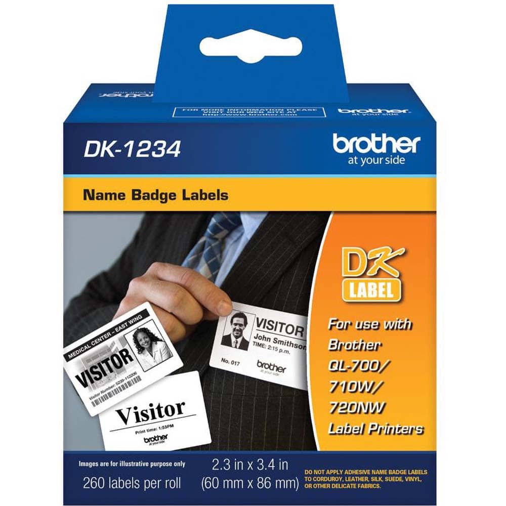 Brother - Labels, Ribbons & Tapes; Type: Badge ; Color: Black on White ; For Use With: Brother QL-1100; QL-1110NWB; QL-700; QL-710W; QL-720NW; QL-800; QL-810W; QL-820NWB Label Printers ; Width (mm): 86.00 ; Length (Inch): 2.3 ; Material: Paper - Exact Tool & Supply
