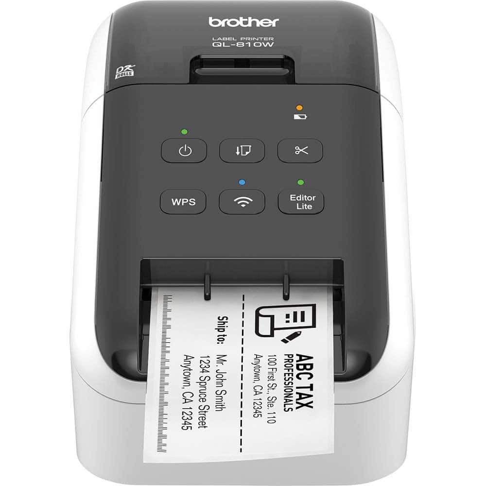 Brother - Electronic Label Makers; Type: Label Printer ; Power Source: 100-240V 50-60Hz 1.5A; Li-Ion Battery ; Resolution: 300 x 600 ; Contents: Software; USB Cable; AC Adapter; Quick Setup Guide; Documentation; Starter Rolls - (100) Die-Cut Standard Add - Exact Tool & Supply