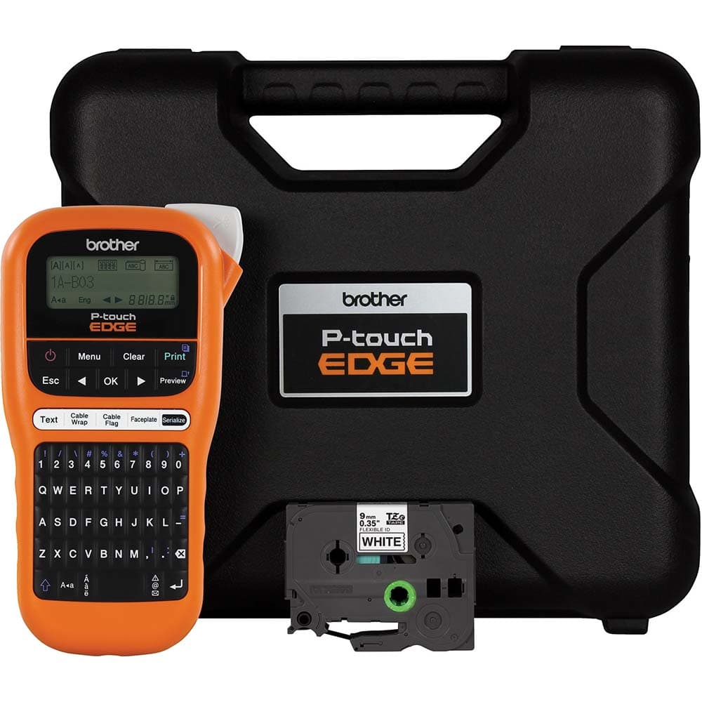 Brother - Electronic Label Makers; Type: Labeling Tool Kit ; Power Source: (6) AAA Batteries; 9V DC 1.6A AC Adapter Auto Ranging Power Supply ; Resolution: 180 ; Contents: Label Printer; Carrying Case; Wrist Strap; (1) 0.35 in x 26.2 ft (9 mm x 8 m) Blac - Exact Tool & Supply