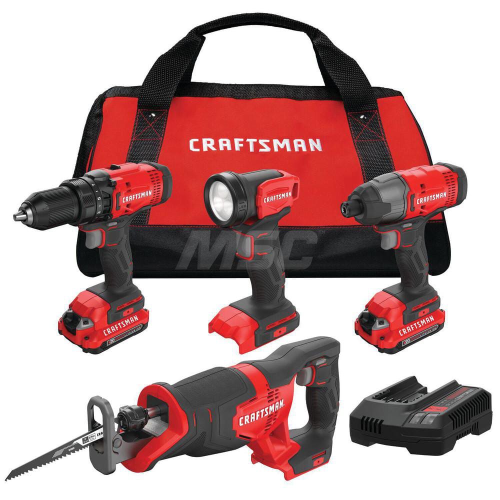Cordless Tool Combination Kit: 20V CMCD700 Drill/Driver, CMCF800 Impact Driver, CMCS300 Reciprocating Saw, CMCL020 Task Light, (2) CMCB202 2.0Ah Li-Ion Battery, 20V MAX Charger, Storage Bag, PH 2 Bit, Double Sided Bit, 6-in Recip Blade, Tool Bag