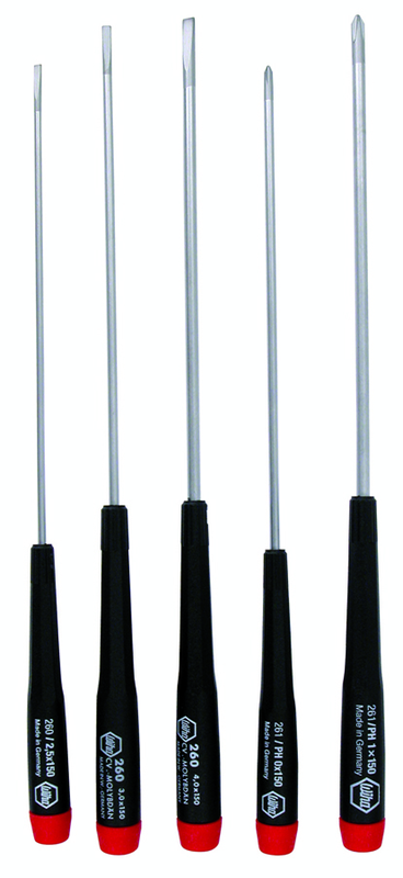 5 Piece - Precision Long Slotted & Phillips Screwdriver Set - #26192 - Includes: Slotted 2.5 - 4.0mm Phillips #0 - 1 - Exact Tool & Supply