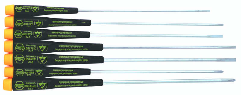 7 Piece - Precision ESD Safe Slotted & Phillips Extra Long Screwdriver Set - #27393 - Slotted 2.0 - 4.0mm; Phillips # 0; 1 x 150mm - Exact Tool & Supply