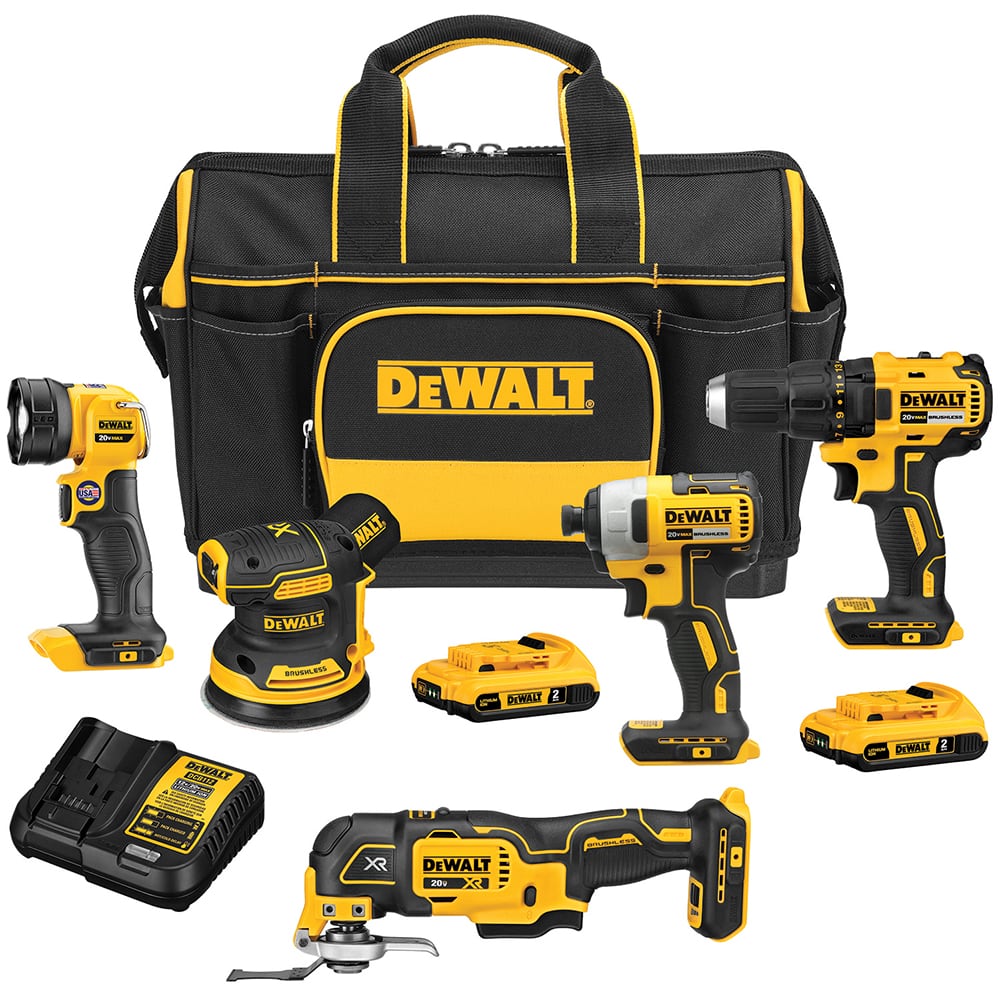 DeWALT - Cordless Tool Combination Kits; Voltage: 20 ; Tools: 1/2" Compact Drill/Driver; 1/4" Impact Driver; Brushless 3-Speed Cordless Oscillating Multi-Tool; 5" Brushless Cordless Random Orbit Sander ; Battery Chemistry: Lithium Ion ; Battery Series: 2 - Exact Tool & Supply