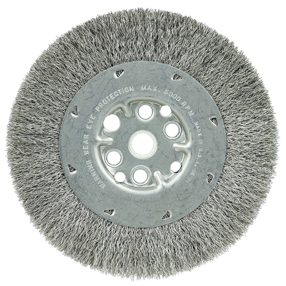 Weiler - Wheel Brushes; Outside Diameter (Inch): 6 ; Arbor Hole Thread Size: 5/8 ; Wire Type: Crimped Wire ; Fill Material: Stainless Steel ; Face Width (Inch): 3/4 ; Trim Length (Inch): 1-1/8 - Exact Tool & Supply