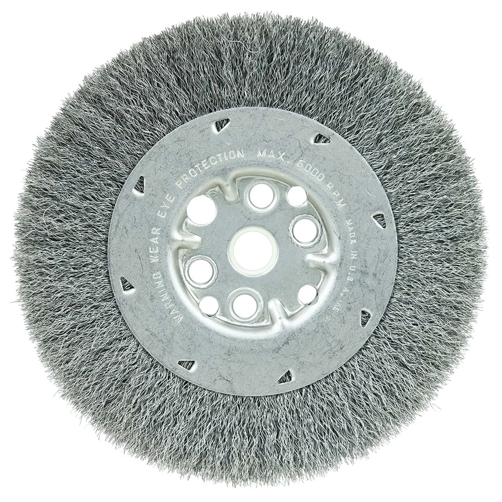 Weiler - Wheel Brushes; Outside Diameter (Inch): 6 ; Arbor Hole Thread Size: 5/8 ; Wire Type: Crimped Wire ; Fill Material: Steel ; Face Width (Inch): 3/4 ; Trim Length (Inch): 1-1/8 - Exact Tool & Supply