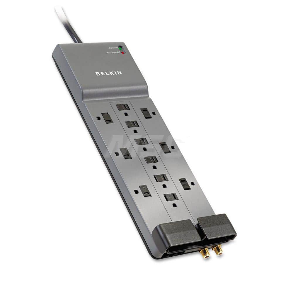 Belkin - Power Outlet Strips; Amperage: 15 ; Voltage: 125 ; Number of Outlets: 12 ; Material: ABS Plastic ; Mounting Type: Floor ; Cord Length (Feet): 8 - Exact Tool & Supply