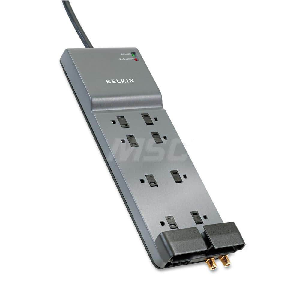 Belkin - Power Outlet Strips; Amperage: 15 ; Voltage: 125 ; Number of Outlets: 8 ; Material: Plastic ; Mounting Type: Floor ; Cord Length (Feet): 12 - Exact Tool & Supply