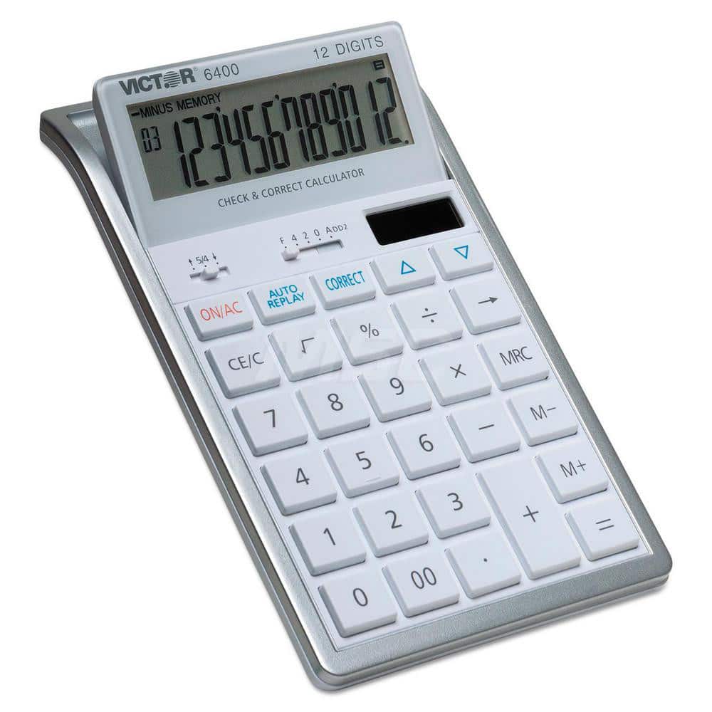Victor - Calculators; Type: Desktop Calculator ; Type of Power: Solar/Battery ; Display Type: 12-Digit LCD ; Color: Silver; White ; Display Size: 21mm ; Width (Decimal Inch): 4.3000 - Exact Tool & Supply