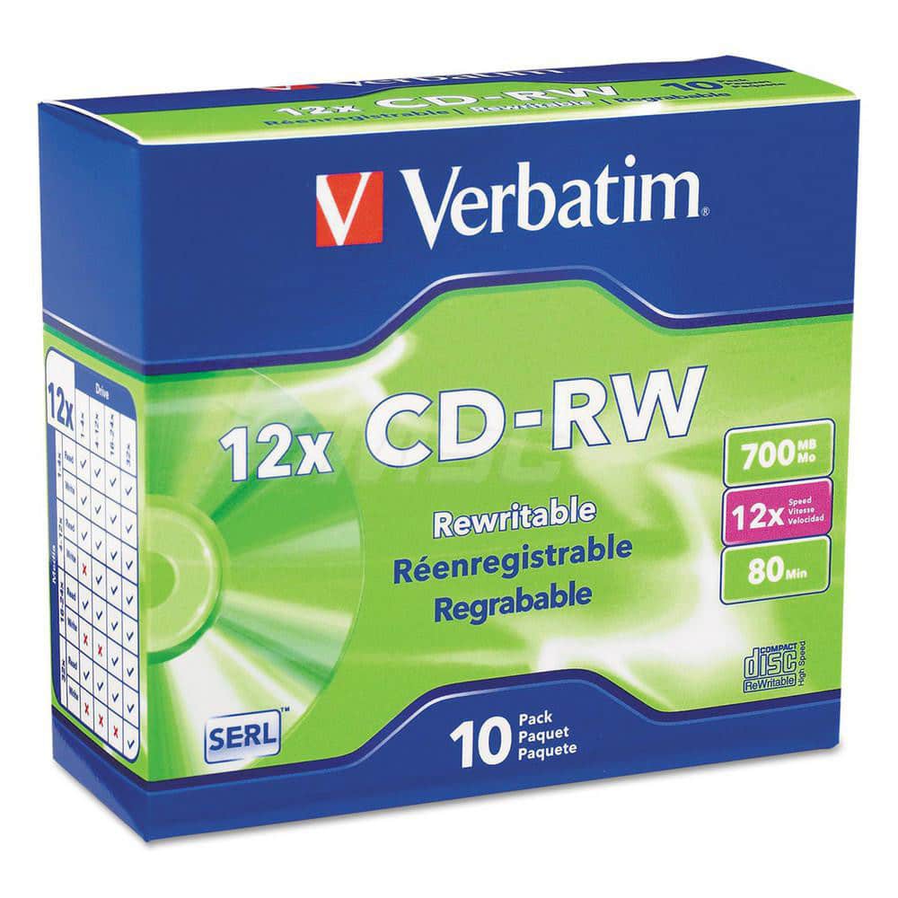 Verbatim - Office Machine Supplies & Accessories; Office Machine/Equipment Accessory Type: CD-RW Discs ; For Use With: Multi-Read CD & DVD Drives ; Storage Capacity: 700MB ; Color: Silver - Exact Tool & Supply